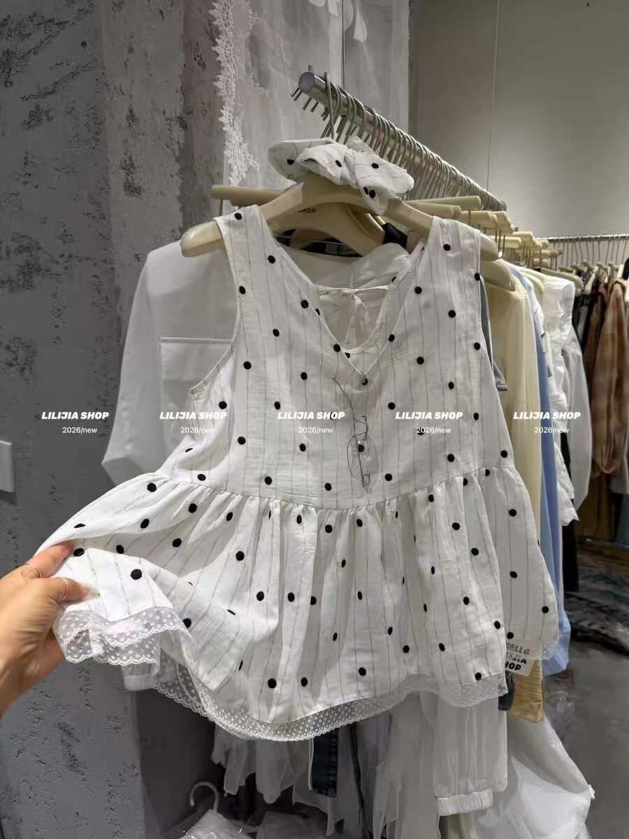 正品实拍小清新风波点无袖背心女26夏韩系蕾丝花边甜美吊带上衣潮