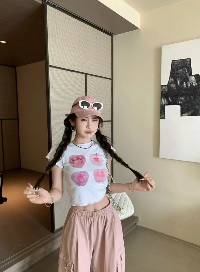 九月家【樱花软糖】脏粉色工装卫裤/白色花边苹果短袖T恤时尚套装