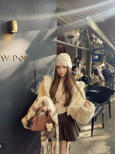 宽松毛毛外套 韩版 泡菜订制米色环保羔羔毛连帽外套女2025冬季 新款