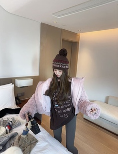 百搭洋气短外套 韩版 泡菜订制粉色圈圈毛连帽羽绒服女2025冬季 新款