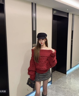 宽松休闲一字肩麻花毛衣女慵懒针织衫 韩版 新款 韩国东大门2025冬季