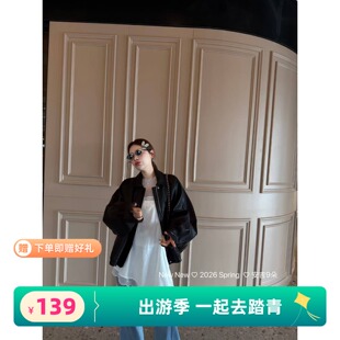 宽松百搭休闲短外套女时尚 韩版 翻领拉链夹克皮衣潮 新款 2026春季