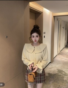 法式 新款 甜美温柔风荷叶边毛衣 女2025冬季 泡菜订制娃娃领针织开衫