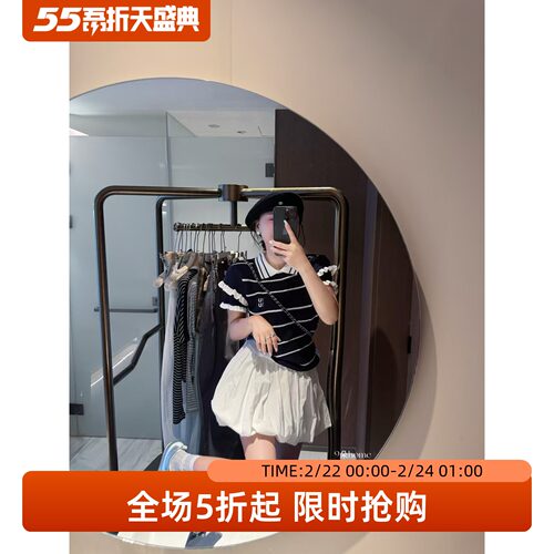 五折福利。        新款时尚百搭撞色条纹翻领短袖针织衫上衣小众