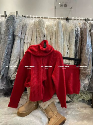 2025冬季新款温柔风配围巾宽松套头毛衣+半身裙时尚三件套套装潮