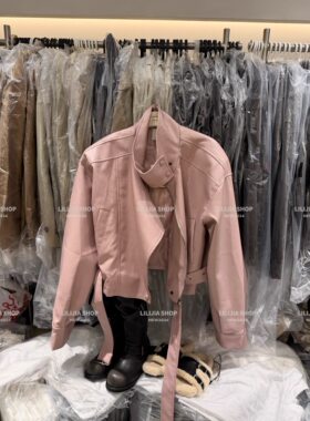 LiLijia 秋季韩版时尚百搭显瘦立领粉色皮衣外套女短款上衣潮