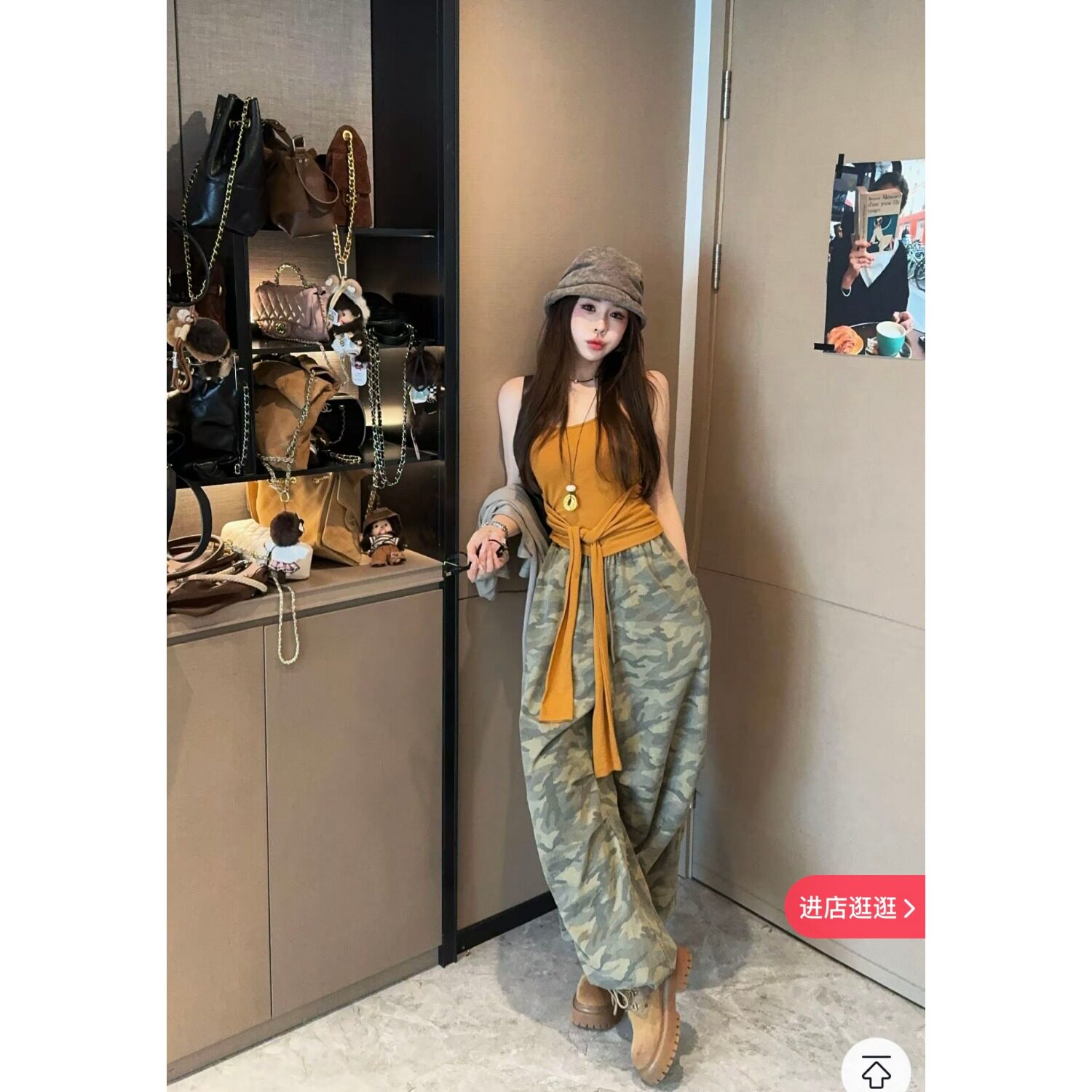 五折福利。 泡菜订制水洗松紧腰迷彩工装裤女韩版百搭宽松休闲裤