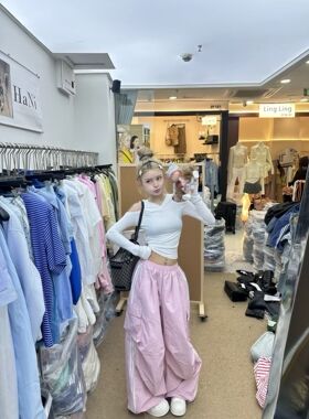 财神家正品2026春夏新款韩版宽松百搭松紧腰拼色杠条纹工装休闲裤