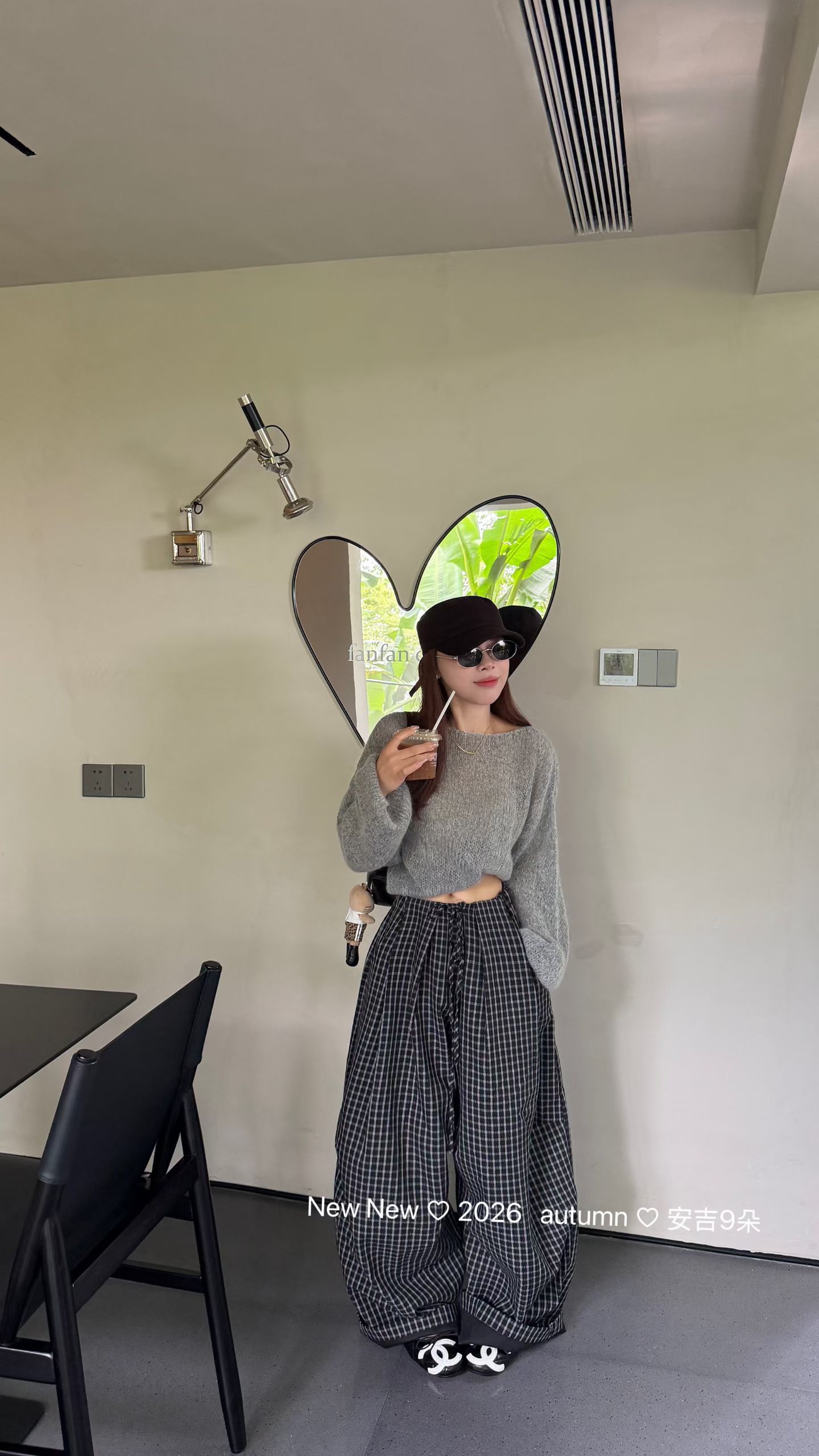 九月家正品复古格子系带休闲裤女显瘦松弛感宽松显瘦百搭阔腿裤潮