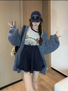 泡菜订制海盐蓝连帽针织外套2024秋季新款韩版百搭洋气宽松开衫潮