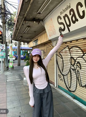 2026春季新款韩版宽松百搭休闲长袖T恤女简约时尚纯色打底衫上衣