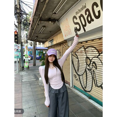 2026春季新款韩版宽松百搭休闲长袖T恤女简约时尚纯色打底衫上衣