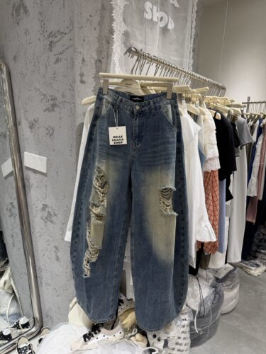 正品实拍美式复古破洞蓝色水洗做旧薄款牛仔裤夏季宽松拖地长裤潮