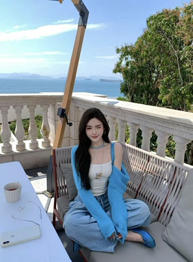 【北海道】花边针织开衫/蕾丝边小熊吊带/蓝色飘带牛仔阔腿裤套装