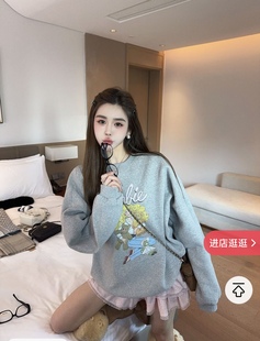 宽松加厚中长款 韩版 上衣 新款 泡菜订制字母卡通加绒卫衣女2025冬季