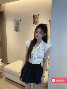 2025夏季 显瘦白色T恤背心潮 新款 甜美洋气绑带设计感刺绣垫肩飞袖