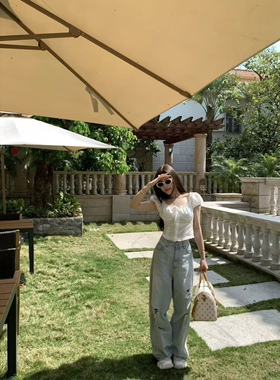 九月家   2026新款韩版时尚百搭宽松破洞时髦水洗牛仔阔腿裤潮ins