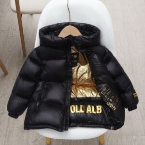 儿童羽绒服男童女童中大童韩版冬季加厚短款黑金连帽外套2024新款