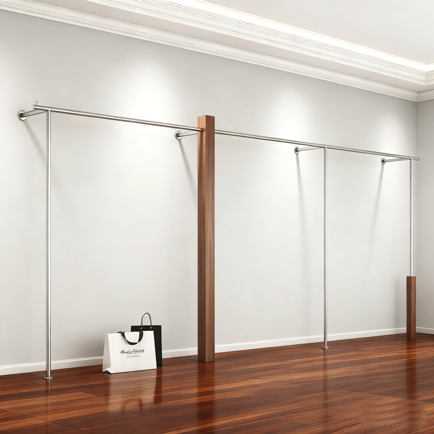 服装店展示架胡桃色上墙挂衣架女装店木元素陈列挂架挂衣杆不锈钢