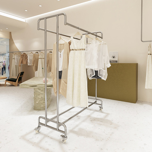 不锈钢服装店中岛架落地式展示架女装店双杆双杠挂衣架简约陈列架