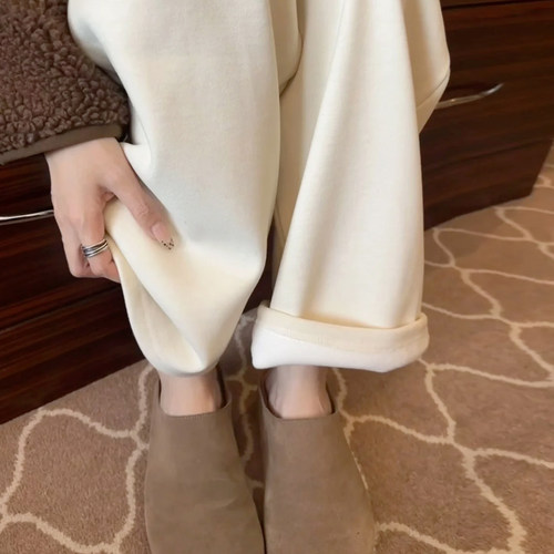 针织米白阔腿裤女秋冬加绒加厚