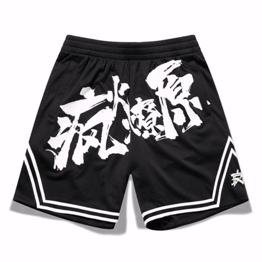安踏 疯火燎原 印花直筒宽松篮球运动短裤 男款 黑色