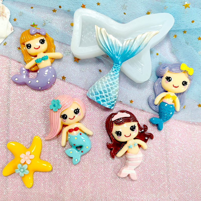 卡通美人鱼尾巴海星章鱼硅胶模具翻糖蛋糕巧克力香薰石膏烘焙工具