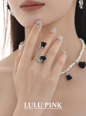 小众设计ins甜酷风黑色玫瑰戒指暗黑风高级感开口可调节食指戒指