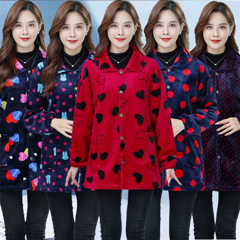 冬季法兰绒罩衣成人女长袖加绒加厚妈妈装时尚外套厨房围裙工作服