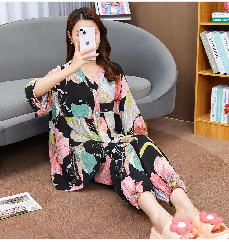 绵绸睡衣女春夏天宽松灯笼袖空调套装薄款v领人造棉家居服两件套