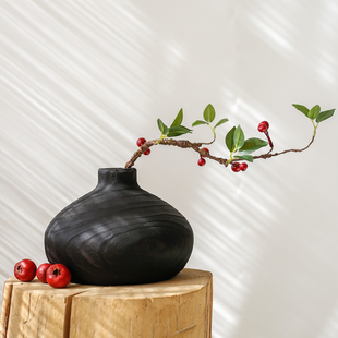 木质简约新中式花瓶黑色侘寂风干花禅意花器插花摆件玄关客厅民宿
