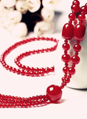 红玛瑙长款项链女士玉髓红色玉石