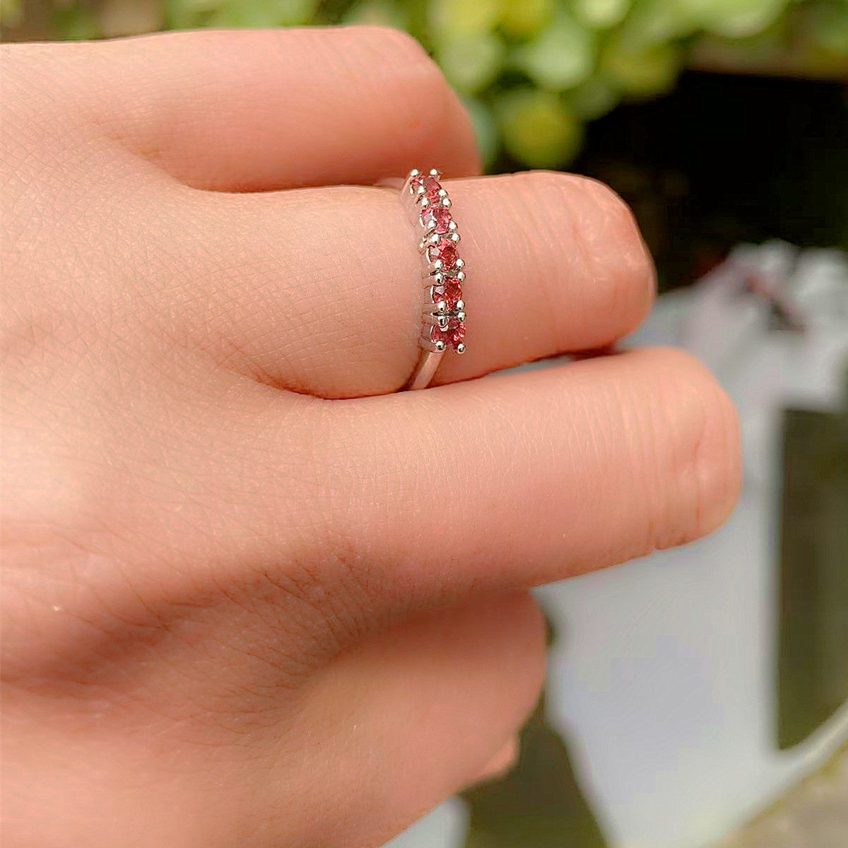 简约时尚酒红色石榴石戒指925银镶宝石活口指环食指尾戒开口戒子