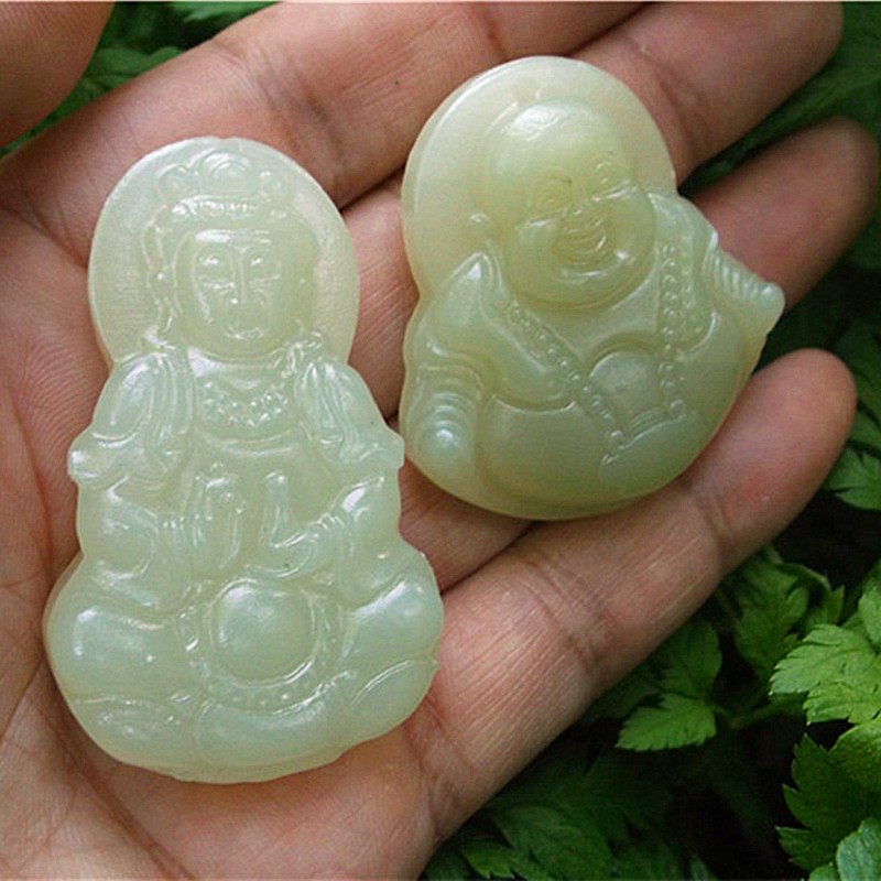 天然昆仑山青白玉石观音吊坠玉佛项坠挂件宝瓶观音欢喜佛玉牌男女