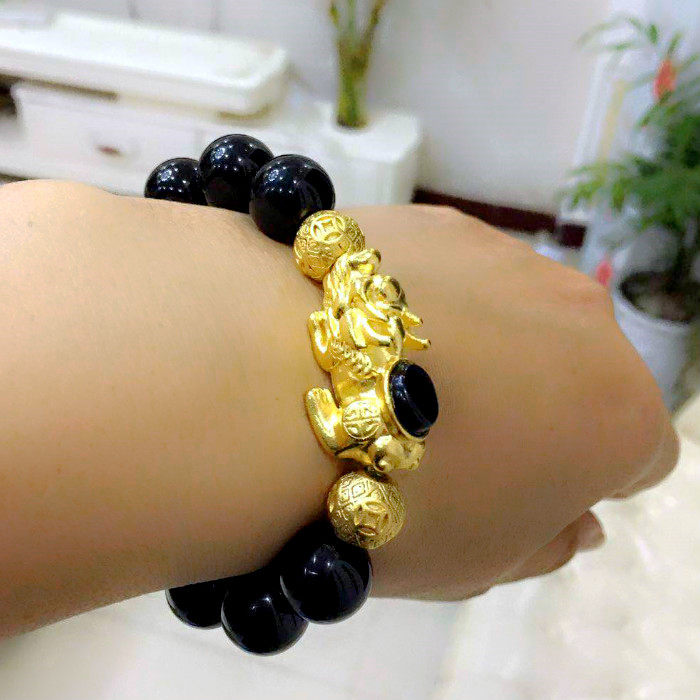 越南沙金黑曜石红玛瑙貔貅手链