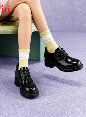 iiJin艾今25冬季新品8cm厚底内增高亮面真皮英伦风小皮鞋女567EKB
