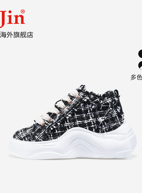 iiJin艾今官方超轻9cm厚底内增高香风粗呢花休闲老爹鞋女318AZCN