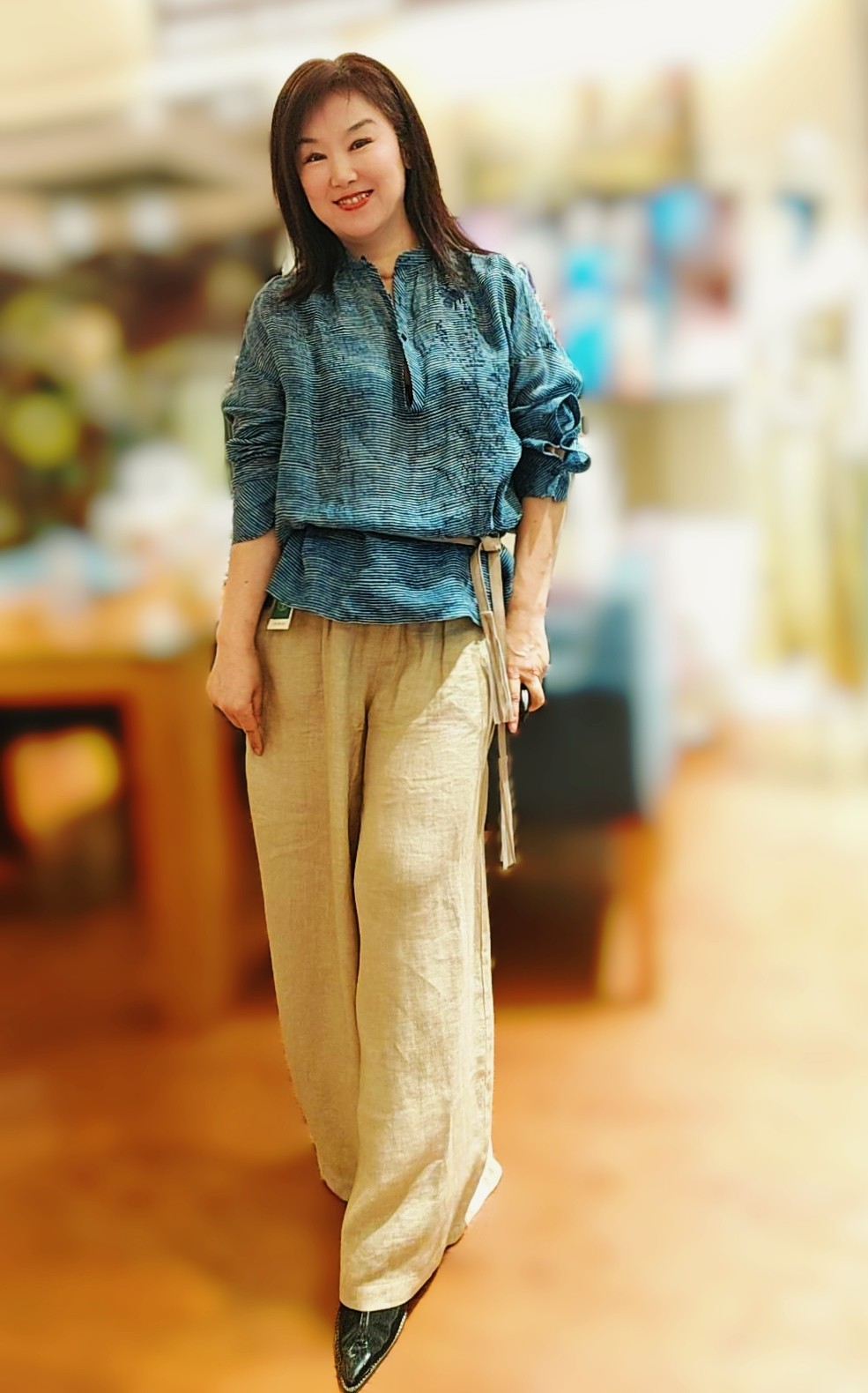 一块油画色原创设计新快夏款亚麻松紧腰女阔腿裤长裤白搭透气神裤