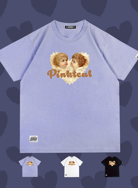 FDSK x PINKTEAL爱心小天使复古油画印花可爱淡紫色短袖T恤男女