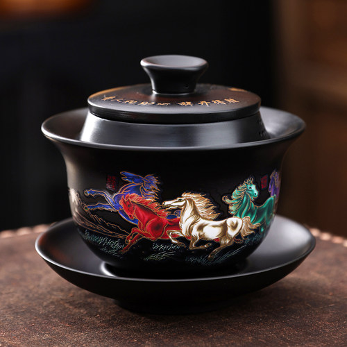 紫砂陶三才盖碗防烫变色功夫茶具