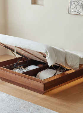 中古风红橡木榻榻米落地无床头气压高箱储物复古悬浮实木床1米8