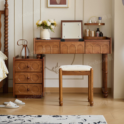 法式复古风白蜡木实木梳妆台斗柜一体主卧小户型中古风化妆桌