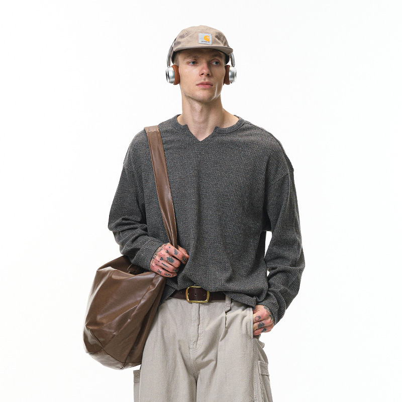 2025新款春秋季纯色美式潮流慵懒风休闲华夫格V领宽松长袖T恤男款