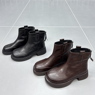真皮加绒马丁靴女2025冬季 圆头厚底后拉链加厚保暖休闲棉靴潮 新款