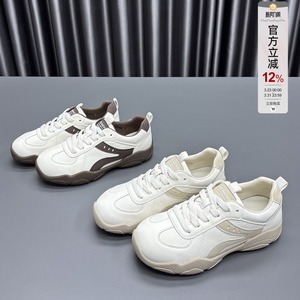 真皮网面阿甘鞋女2026春季新款圆头厚底系带百搭牛皮休闲运动鞋潮