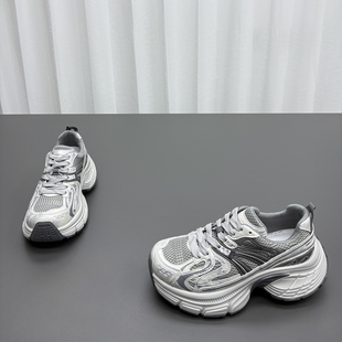 圆头厚底系带增高百搭休闲运动鞋 新款 潮 女2026春季 真皮网面老爹鞋