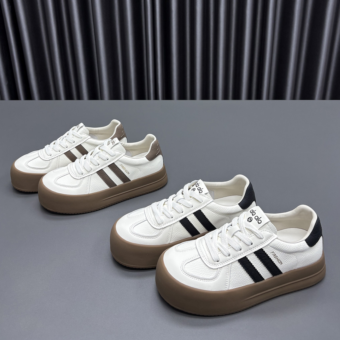 真皮德训鞋女2026春季新款圆头系带拼色厚底时尚牛皮休闲运动板鞋