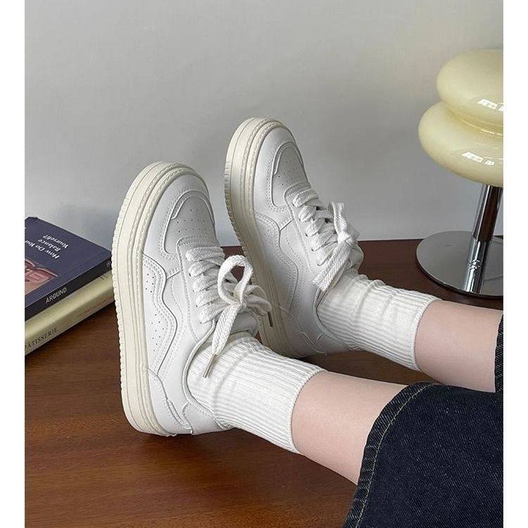 配校服小白鞋女2024春季新款学生平底百搭皮面防水休闲厚底女鞋
