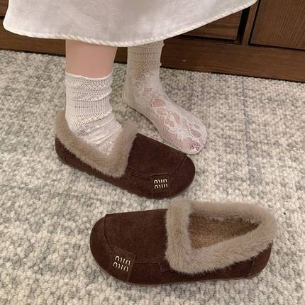 毛毛鞋女外穿2025年秋冬新款韩版平底加绒豆豆鞋孕妇一脚蹬棉瓢鞋