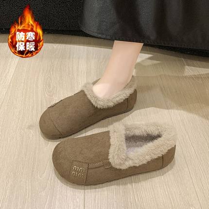 2025冬季新款加绒复古棉鞋女软底防滑豆豆鞋保暖休闲一脚蹬勃肯鞋